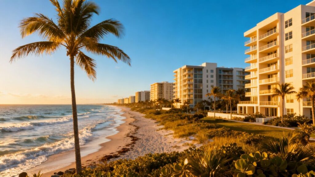 Florida coastline with condo buildings and palm trees.