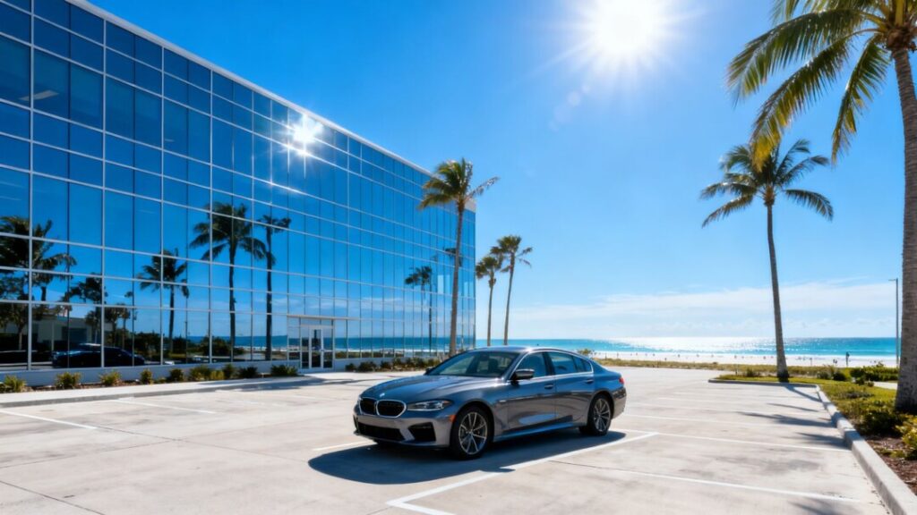 Modern Daytona Beach commercial real estate building with palm trees.