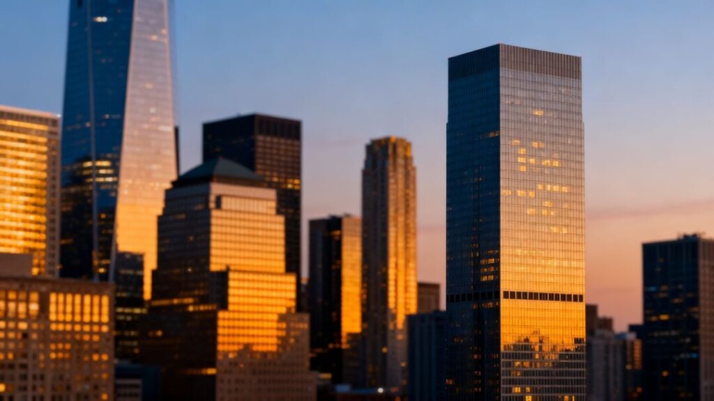 Modern cityscape with prominent financial buildings at dusk.