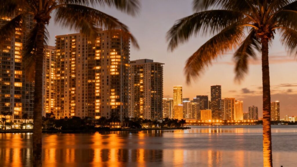 Miami skyline with apartment buildings and bay at dusk.