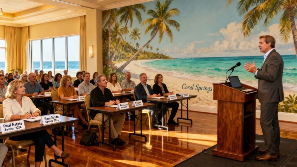 Real estate seminar with speaker and attentive audience.