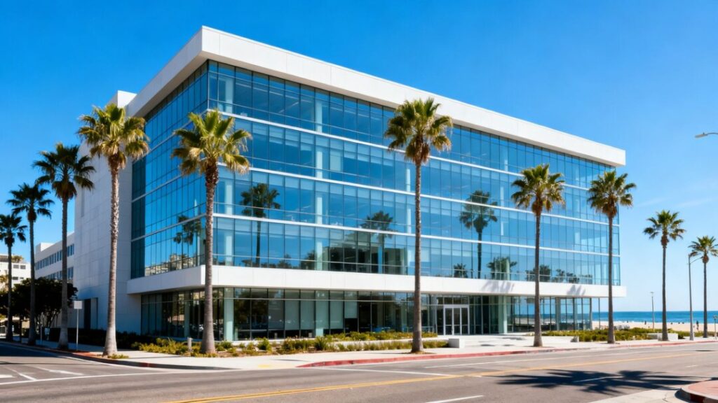 South Beach office building with palm trees.