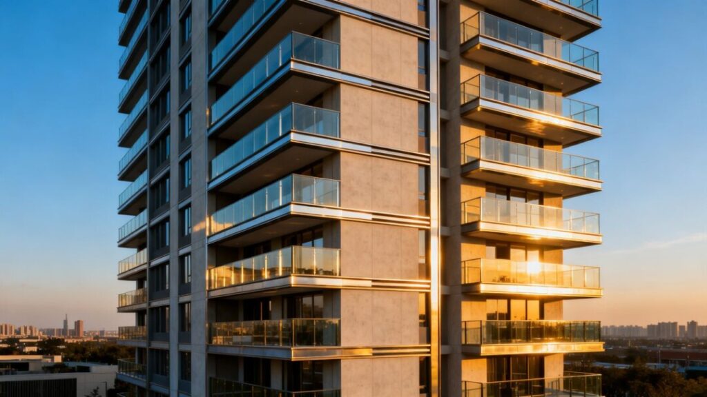 Modern residential building with glass balconies against blue sky.