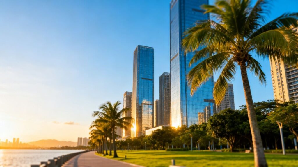 Aventura cityscape with modern buildings and palm trees.