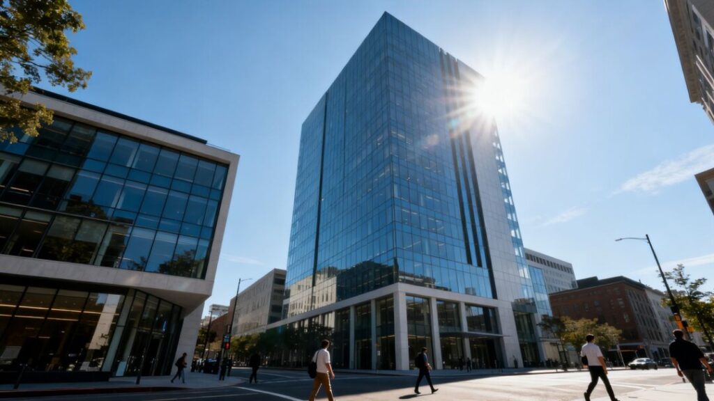 Modern premium office building with glass facade.