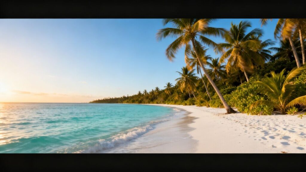 Tranquil Florida beach with palm trees and calm ocean.