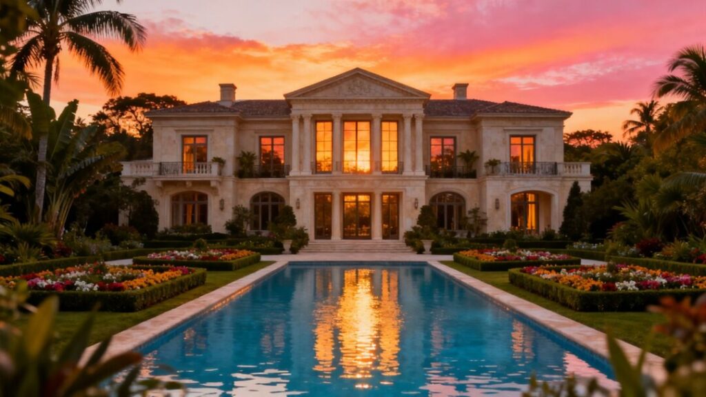Luxury Palm Beach mansion with pool and gardens at sunset.