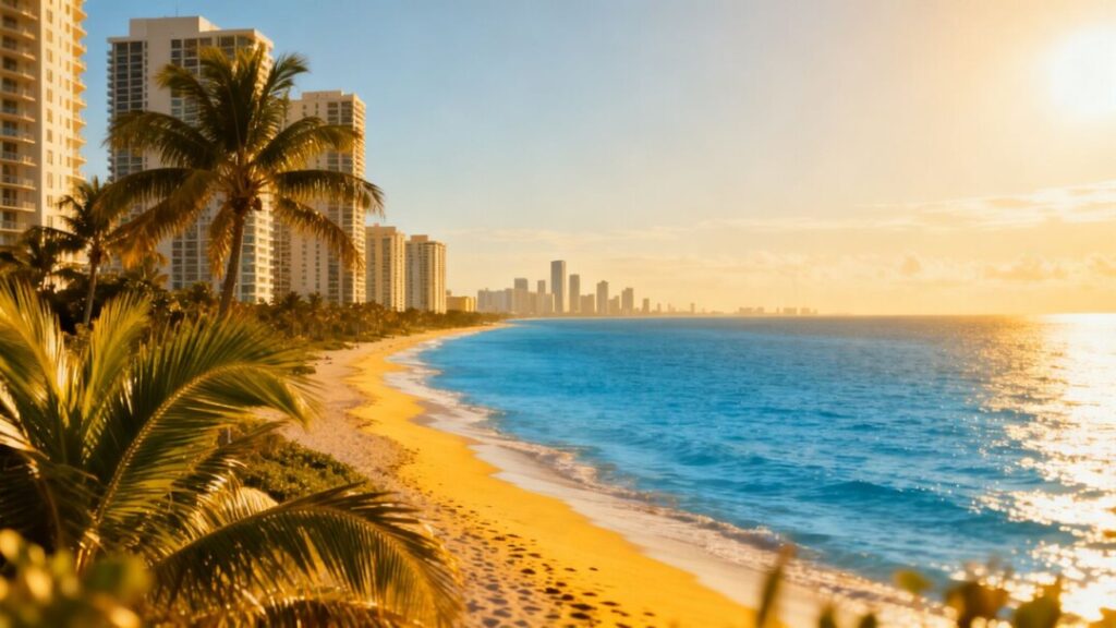 Florida coast with buildings and palm trees.