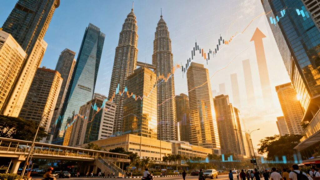 Southeast Asian cityscape with financial growth indicators.
