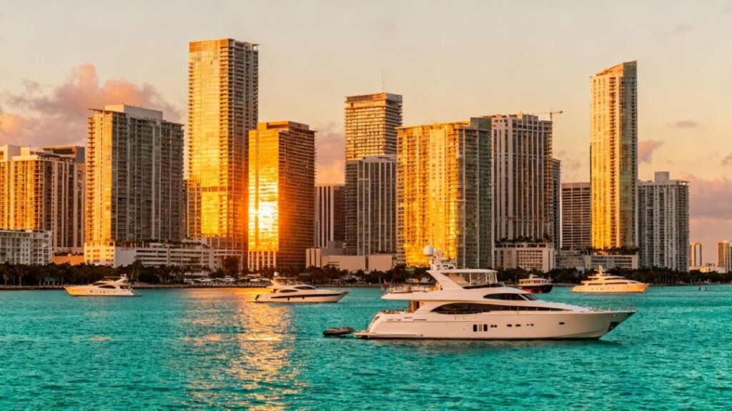 Miami skyline with skyscrapers and yachts at sunset.