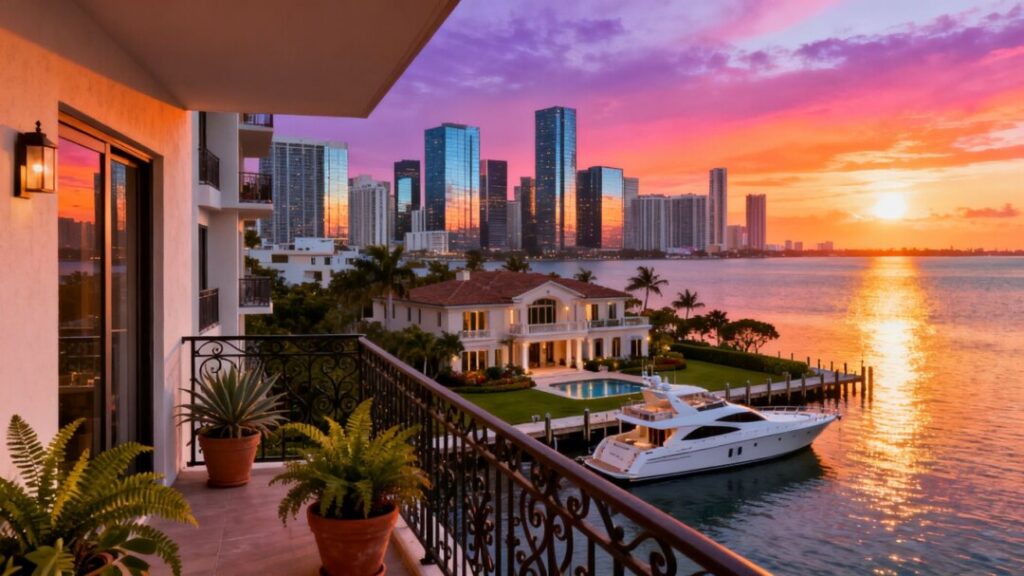 Miami skyline with luxury homes and ocean views.