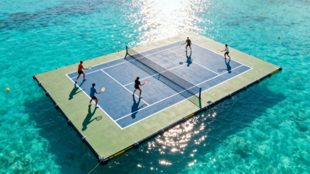 Floating pickleball court on turquoise water with players.