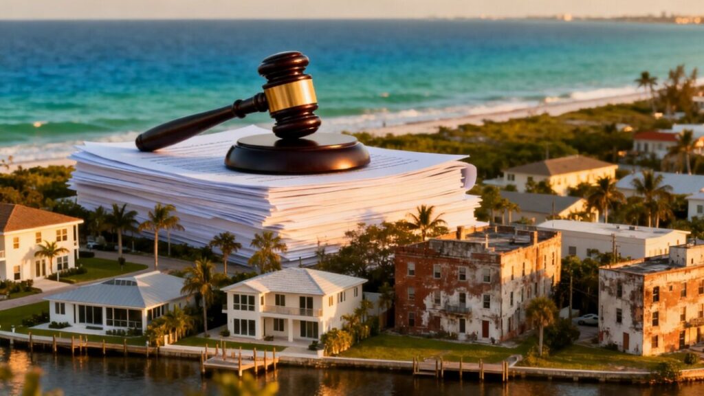 Florida coast with houses, legal gavel, and documents.