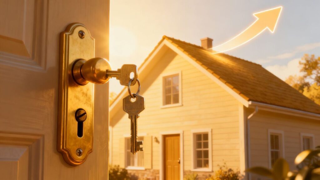 House with key, upward arrow indicating market growth.