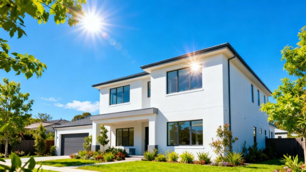 Newly built house under a clear blue sky.