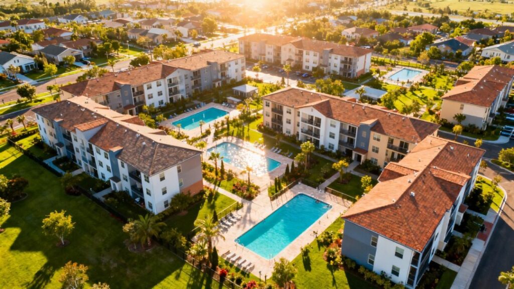 Florida apartment buildings and pools, real estate acquisition