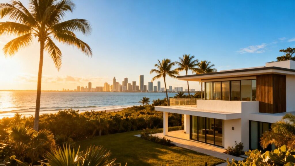 Florida coastline with house and city skyline.
