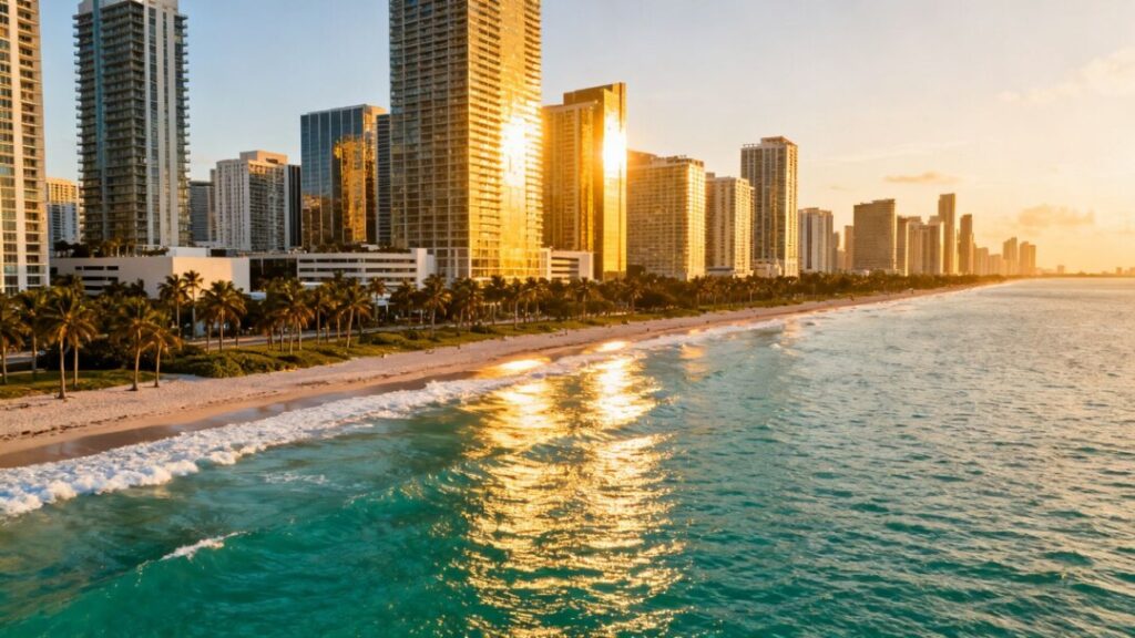 Miami skyline with ocean and palm trees.