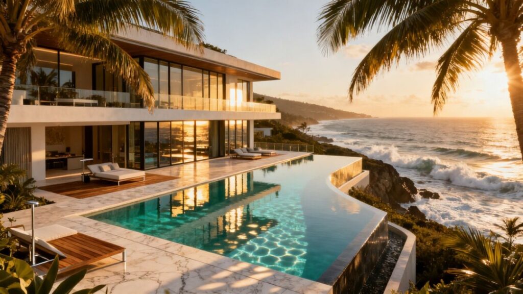 Luxury mansion with infinity pool and ocean view.