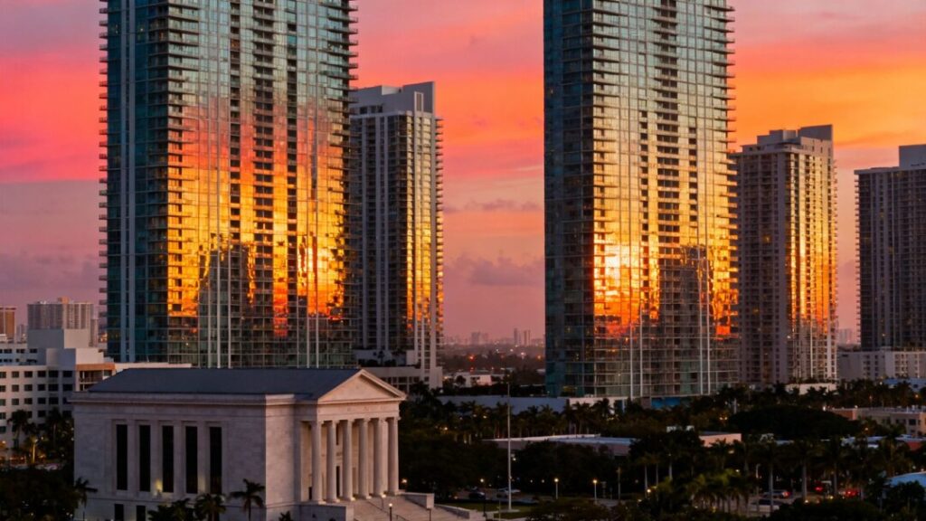 Miami skyline with condos and courthouse.