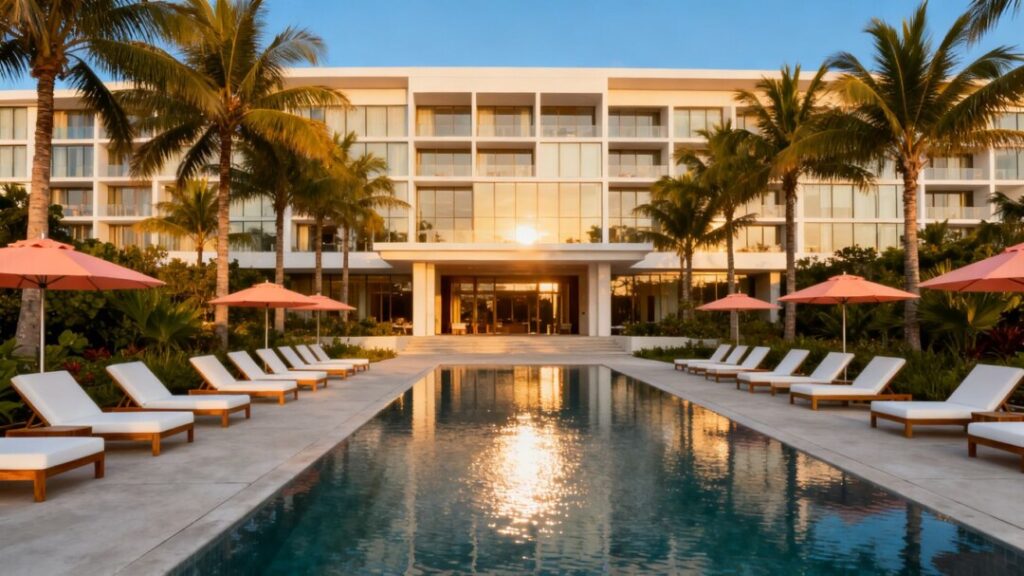 Viceroy Fort Lauderdale hotel exterior with pool and palm trees.