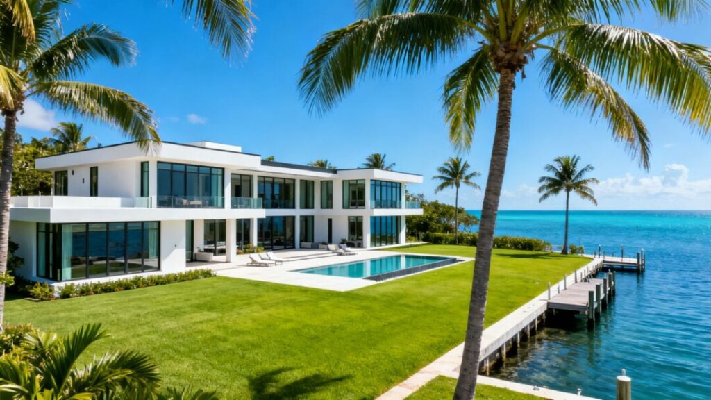 Miami waterfront mansion with palm trees and private dock.
