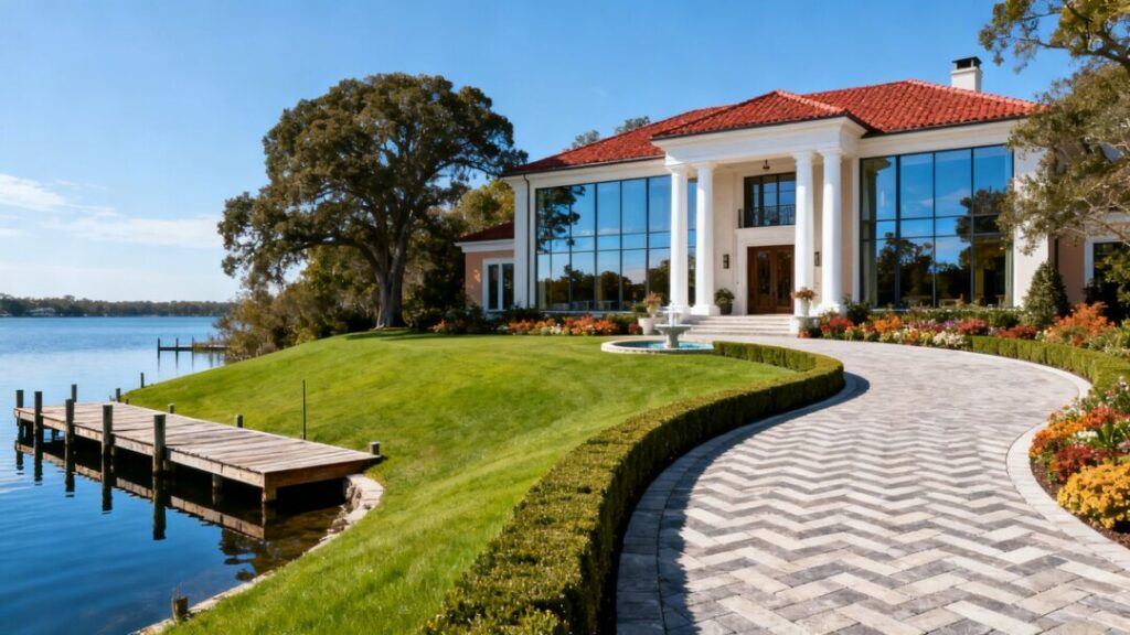 Luxury waterfront estate with lawn and private dock.