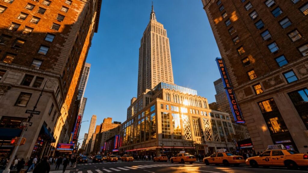 Empire State Building with a bustling New York City below.
