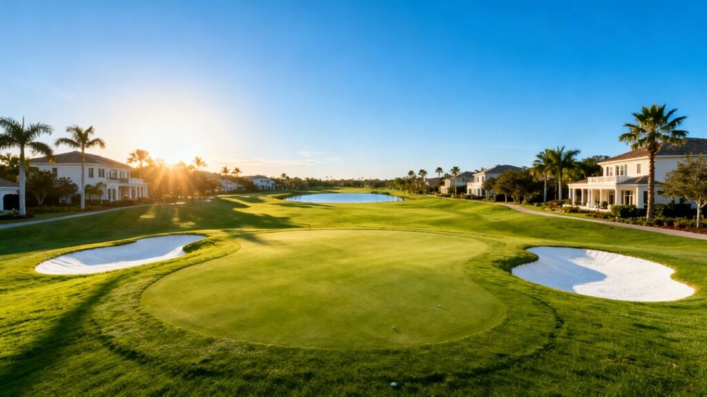 Luxury golf course community with homes and palm trees.