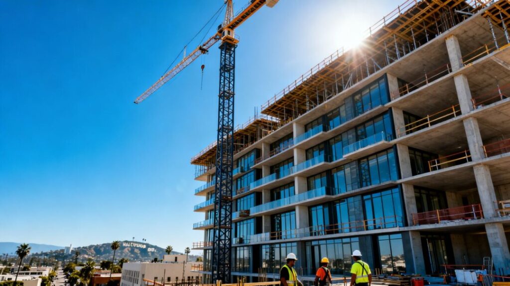 Luxury Hollywood condo tower construction site with crane.