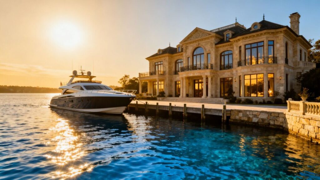 Luxury Florida mansion with yacht on waterfront