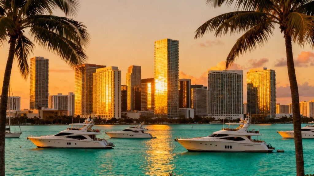 Miami skyline with skyscrapers, yachts, and palm trees.