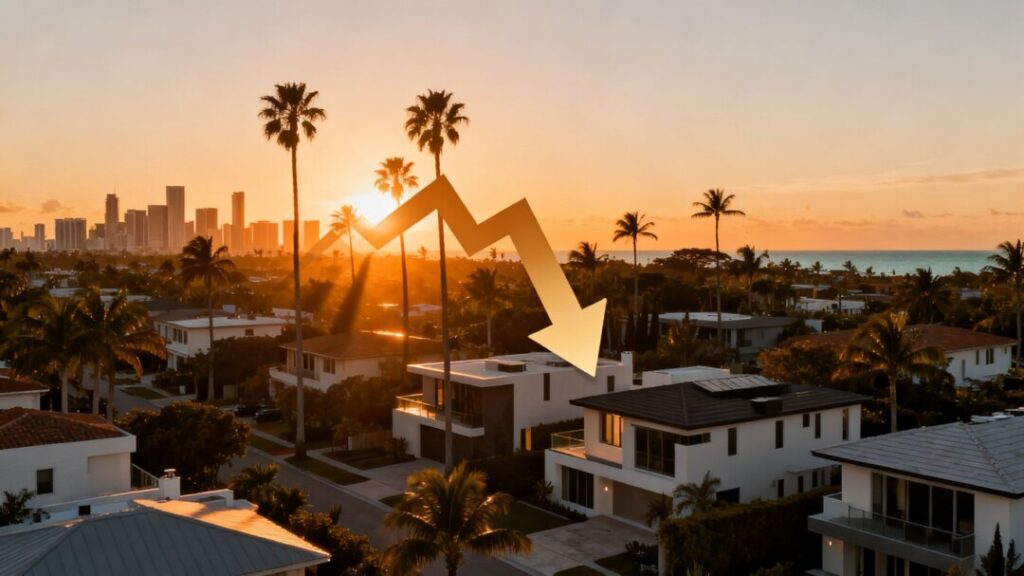 Miami skyline with a downward arrow indicating falling home prices.