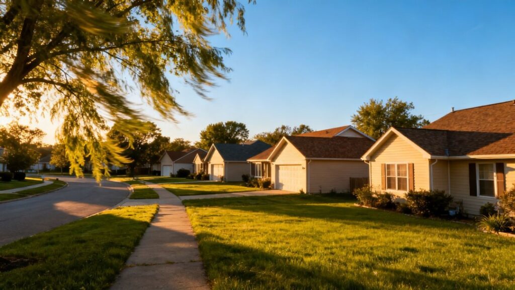 Calm suburban neighborhood under a clear, sunny sky.
