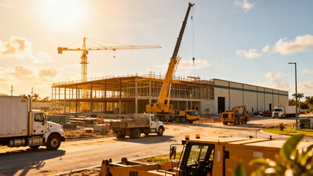 Broward County industrial park with construction cranes and trucks.