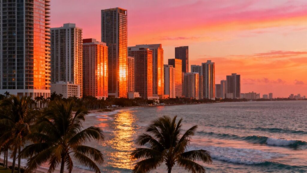 Miami skyline with luxury buildings and ocean at sunset.