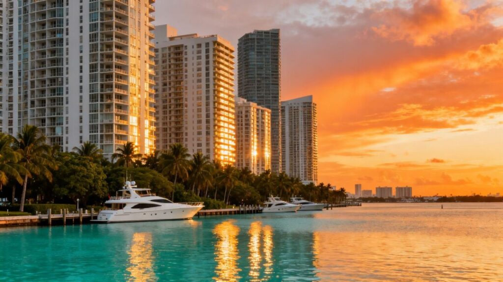 Brickell Key skyline with luxury buildings and bay.