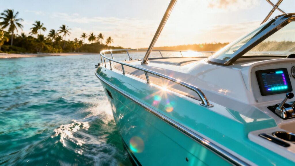 Modern boat sailing near a sunny Florida coastline.