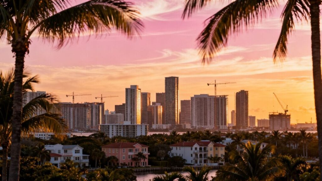 Miami skyline with new residential developments and cranes.