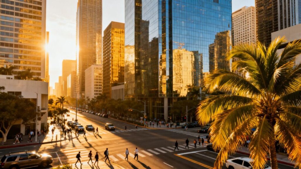 Florida cityscape with modern skyscrapers and palm trees.