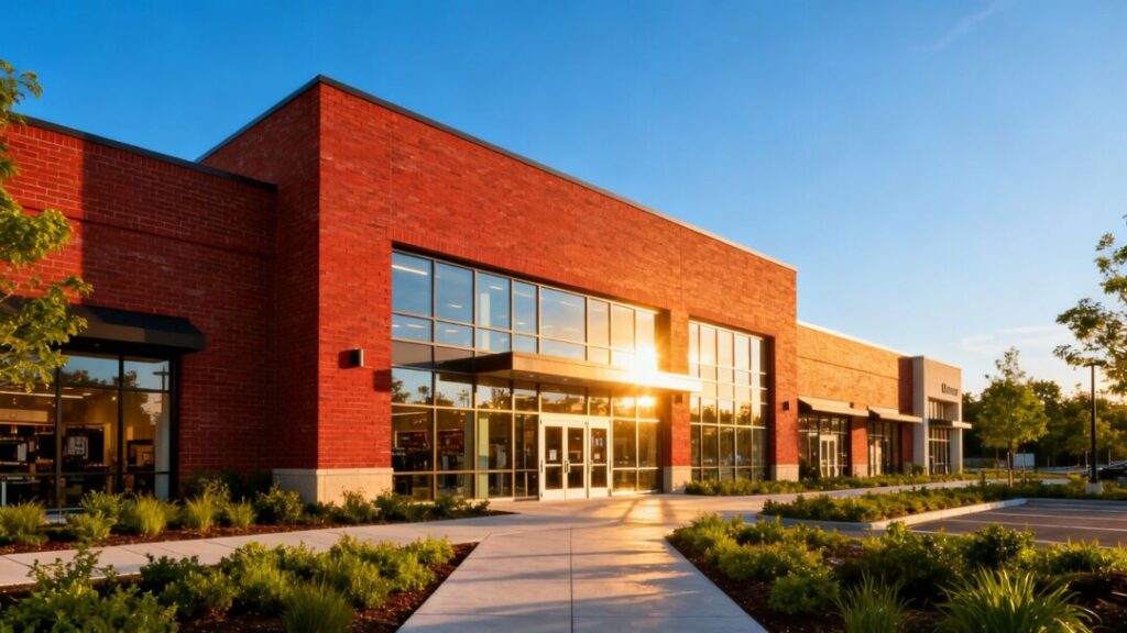 Retail center building with red brick and glass windows.