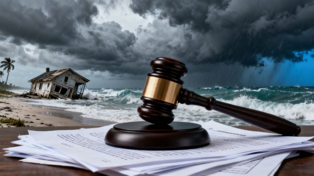 Gavel striking documents amid stormy Florida coast.