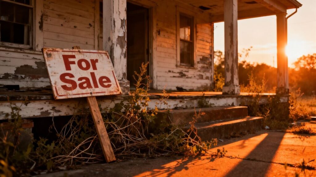 Dilapidated house with a 'For Sale' sign.