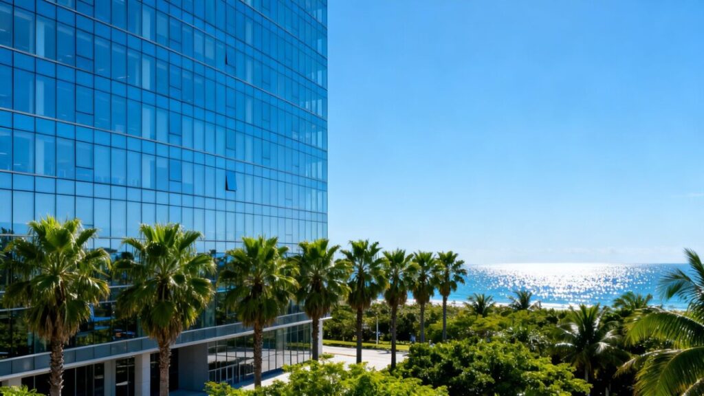 Palm Beach office building with palm trees and ocean.