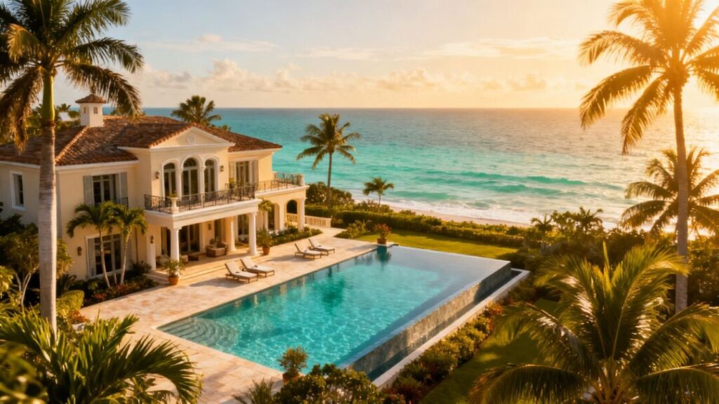 Luxury Florida mansion with pool and ocean view.