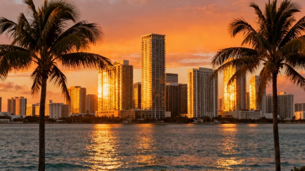 Miami skyline with luxury buildings and ocean at sunset.