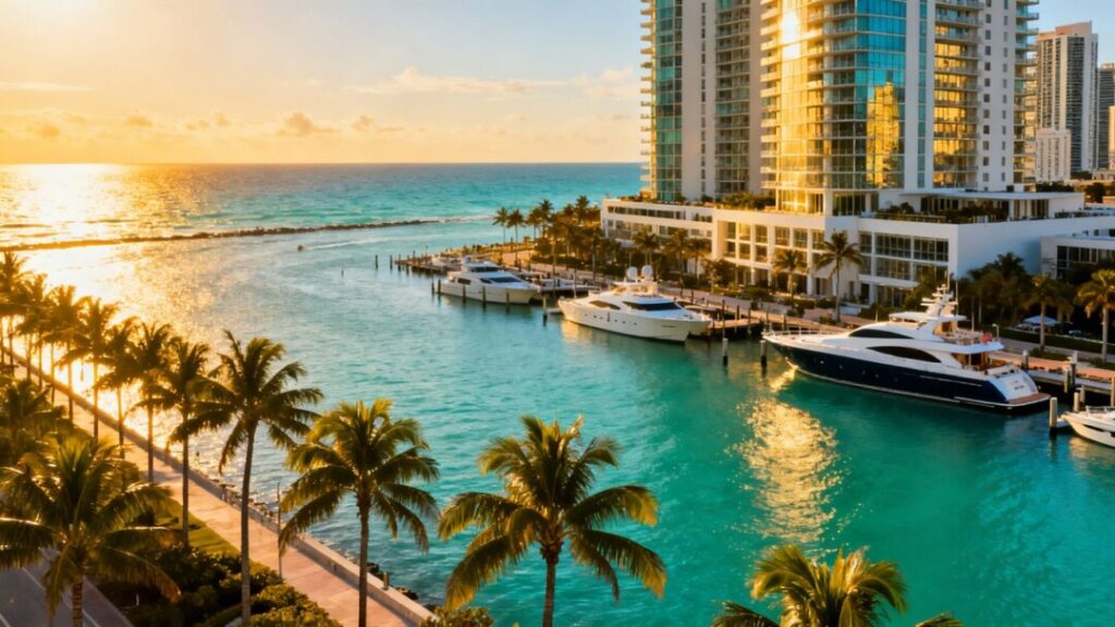 Miami Beach condos skyline with ocean and palm trees.