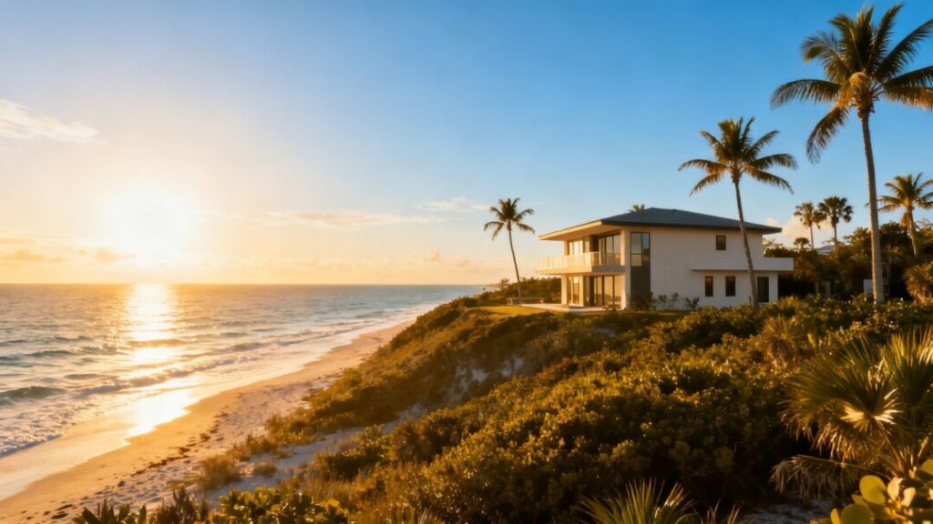 Florida coast with house and palm trees.