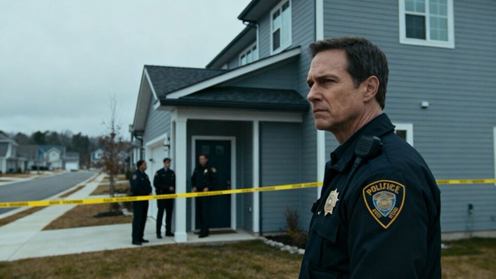 Police tape at a vacation rental home entrance.