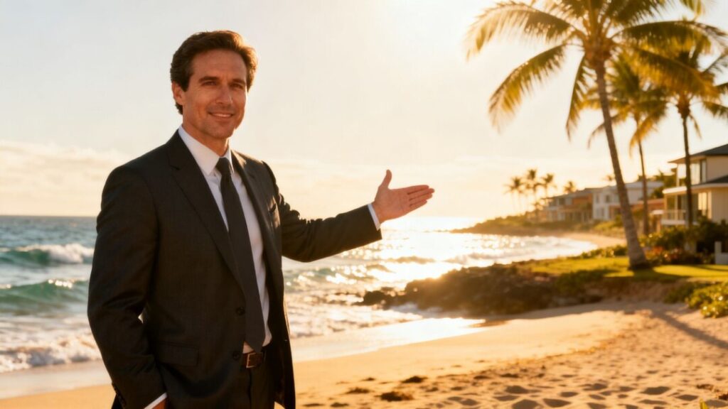 Charles Sowers on a beach with ocean and palm trees.